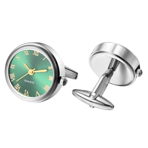 Silverora Uhren Herren Manschettenknöpfen Taschenuhr: Runde Analog Quarz Manschettenknopfuhr mit Römische Ziffernskala Hemdknöpfe Hemdmanschetten Geschenke für Männer Hochzeit Business grün Silber von Silverora