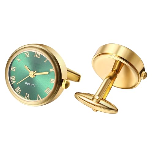 Silverora Uhren Herren Manschettenknöpfen Taschenuhr: Runde Analog Quarz Manschettenknopfuhr mit Römische Ziffernskala Hemdknöpfe Hemdmanschetten Geschenke für Männer Hochzeit Business grün Gold von Silverora