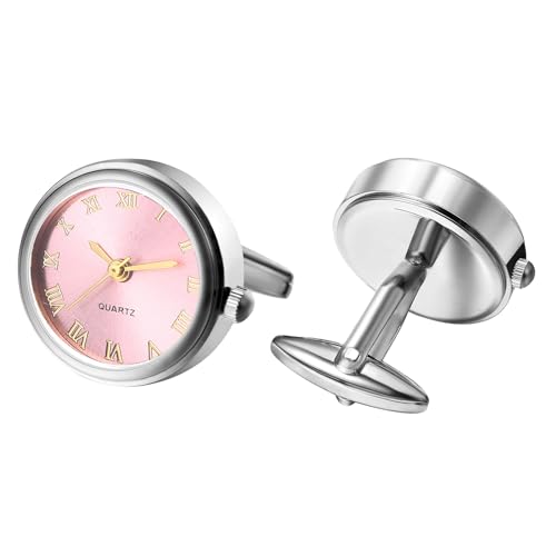 Silverora Uhren Herren Manschettenknöpfen Taschenuhr: Runde Analog Quarz Manschettenknopfuhr mit Römische Ziffernskala Hemdknöpfe Hemdmanschetten Geschenke für Männer Hochzeit Business rosa Silber von Silverora