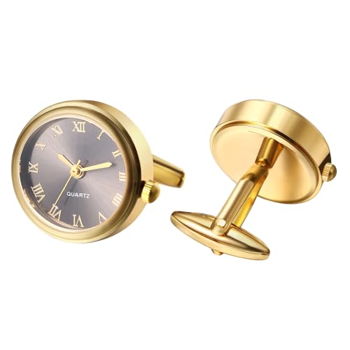 Silverora Uhren Herren Manschettenknöpfen Taschenuhr: Runde Analog Quarz Manschettenknopfuhr mit Römische Ziffernskala Hemdknöpfe Hemdmanschetten Geschenke für Männer Hochzeit Business schwarz Gold von Silverora