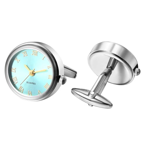 Silverora Uhren Herren Manschettenknöpfen Taschenuhr: Runde Analog Quarz Manschettenknopfuhr mit Römische Ziffernskala Hemdknöpfe Hemdmanschetten Geschenke für Männer Hochzeit Business seeblau Silber von Silverora