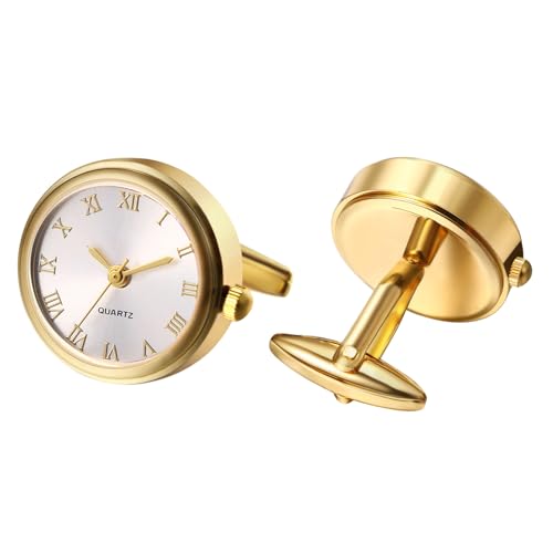 Silverora Uhren Herren Manschettenknöpfen Taschenuhr: Runde Analog Quarz Manschettenknopfuhr mit Römische Ziffernskala Hemdknöpfe Hemdmanschetten Geschenke für Männer Hochzeit Business weiß Gold von Silverora