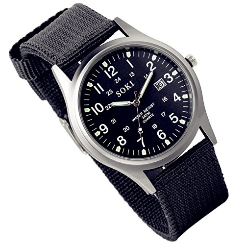 Silverora Uhren Herren Militäruhr Nylon: Große Einfach Zifferblatt Analoge Quarz Armbanduhr Datum Kalender Armbanduhren Länge Nylonarmband Uhr mit Stark leuchtende Zeiger Geschenke für Männer Schwarz von Silverora