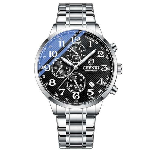 Silverora Uhren Herren Multifunktion Herrenuhren: 3ATM Wasserdicht Chronograph Stoppuhr Kalender Leuchtzeiger Analoge Quarzuhr DREI Augen Armbanduhren mit Edelstahlarmband Geschenk für Männer schwarz von Silverora