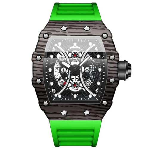 Silverora Uhren Herren Silikon Tonneau - 3ATM Wasserdicht Zahnrad Analoge Quarz Armbanduhren Kalender Datum Silikonarmband Sportuhr mit Leuchtende Zeiger Geschenke für Männer Jungen schwarz grün von Silverora