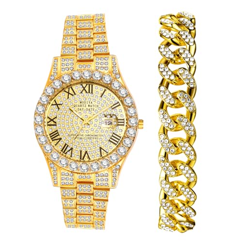 Silverora Uhren Herren Strass Kalender - 2pcs Gold Volldiamant Armkette Armbanduhren Set Analog Quarzuhr mit Römische Skala Datum Abnehmbare Band Uhr Geschenke für Männer von Silverora