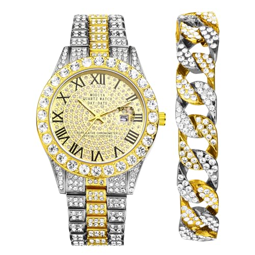 Silverora Uhren Herren Strass Kalender - 2pcs Volldiamant Armkette Armbanduhren Set Analog Quarzuhr mit Römische Skala Datum Abnehmbare Band Uhr Geschenke für Männer Gold Silber von Silverora