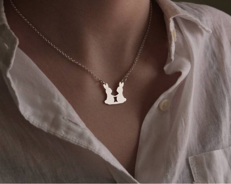 Twin Bunny Halskette Sterling Silber Kaninchen Anhänger - Liebe Haustier Schmuck Frauen Beste Niedlichen Geschenk Schwester Bester Freund von Silversmith925