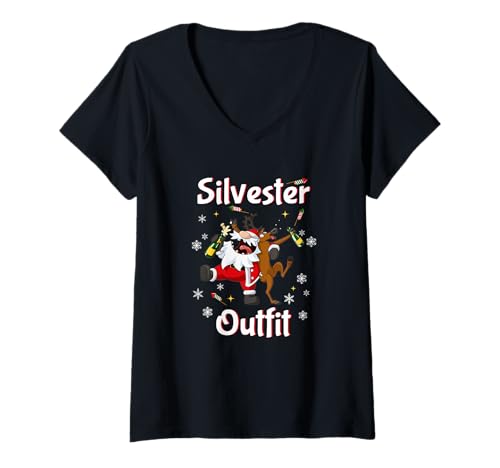 Damen Silvester Outfit Damen Herren 2024 Neujahr 2025 Party T-Shirt mit V-Ausschnitt von Silvester Geschenke für die Silvesterparty 2024