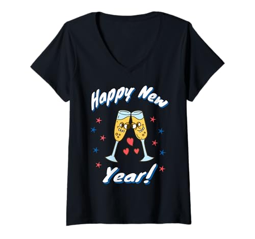Damen Happy New Year Lustiges Silvester Outfit Sektgläser T-Shirt mit V-Ausschnitt Damen Happy New Year Lustiges Silvester Outfit Sektgläser T-Shirt mit V-Ausschnitt von Silvester Outfit Happy New Year Neues Jahr