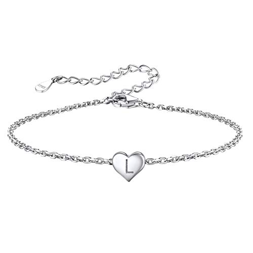 Silvora Damen Armband Buchstaben Silber mit Alphabets L Initialen, Herz Anhänger Armkette S925 Silberarmband mit Alphabets Initialen Kettenanhänger für Frauen Mädchen 16cm + 5cm von Silvora