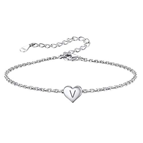 Armbänd mit Buchstaben Anhänger S925 Silber Alphabet V Brief Armbändn Damen Fußkettchen mit Deinem Wunschbuchstaben 16cm+5cm von Silvora