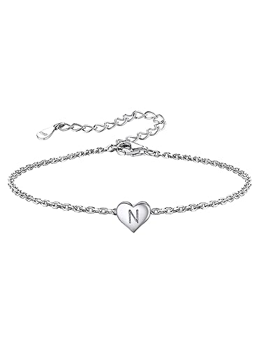 Damen Armbänd mit Buchstaben N Anhänger S925 Silber Mini Kleine Initial Herz Anhänger Damen Fußkettchen mit Buchstaben Anhänger für Mädchen von Silvora