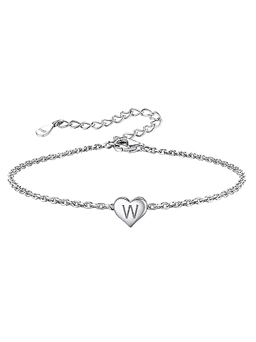 Damen Armbänd mit Buchstaben W Anhänger S925 Silber Mini Kleine Initial Herz Anhänger Damen Fußkettchen mit Buchstaben Anhänger für Mädchen von Silvora