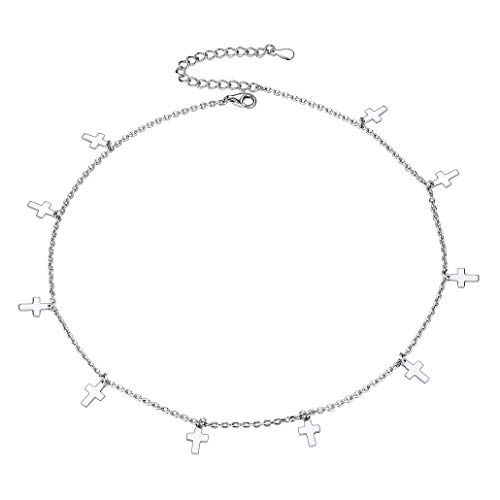 Damen Zarte Kette in Silberfarbe Choker Kette mit Kreuz Anhängern S925 Schmuck 33cm+5cm Geschenk für Damen Frauen von Silvora