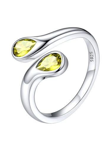 Silvora Silberring Damen 925 Sterling Silber 2mm breit Dünne Peridot Zirkon Ringe Damen SilberOffenes Toi Et Moi Ring Geburtsstein Silber Verstellbares 2 Geburtsstein Fingerring für Frauen von Silvora