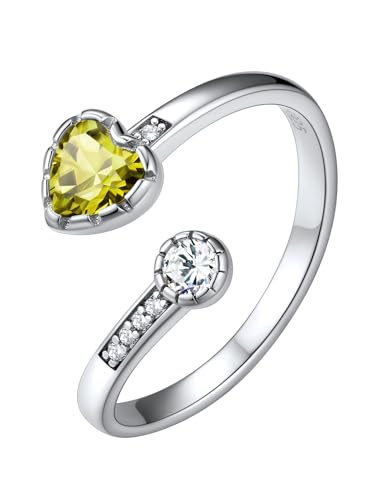 Silvora 2mm breit Offener Zirkonia Fingerring 925 Silber Offener Geburtsstein Ring Damen Frauen Herz Peridot Freundschaftsring Verlobungsring Ehering Ringgröße 52 (16.5)-62 (20) von Silvora