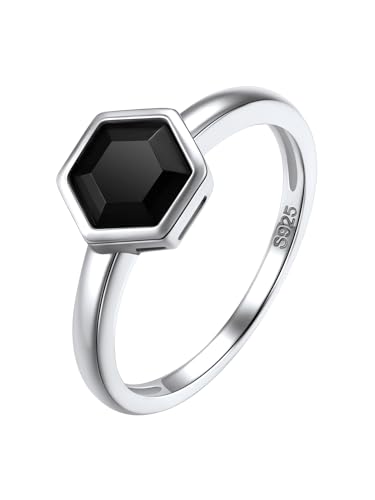 Silvora 925 Sterling Silber Damen Ring Schlichter Dünner Zirkonia Ring mit Schwarzem Hexagon Zirkon 7mm breit im Facettiert Prisma Geschnitten Ringgröße 49（15.7） für Ehering Trauring Memoire Ring von Silvora