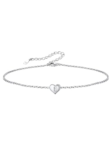 Damen Fußkette/Armbänder mit Buchstaben E Anhänger Mini Kleine Initial Herz Anhänger S925 Silber Damen Fußkettchen/Armreif mit Buchstaben Geburtstag Geschenk für Mädchen von Silvora