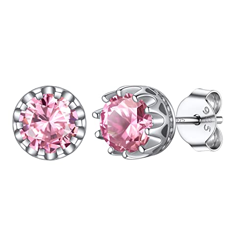 Silvora Funkeln Geburtsstein Zirkonia Ohrringe Damen Frauen 925 Silber Krone Ohrstecker 5mm Rund Rosa Turmalin Zirkon Ohrstecker Piercing Ohrschmuck für Frauen Mädchen von Silvora