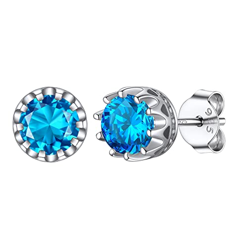 Silvora Rund Geburtsstein Ohrringe Damen Frauen 925 Sterling Silber Krone Ohrstecker mit 5mm Blauer Topas Zirkonia Stud Ohrstecker Piercing Ohrschmuck von Silvora