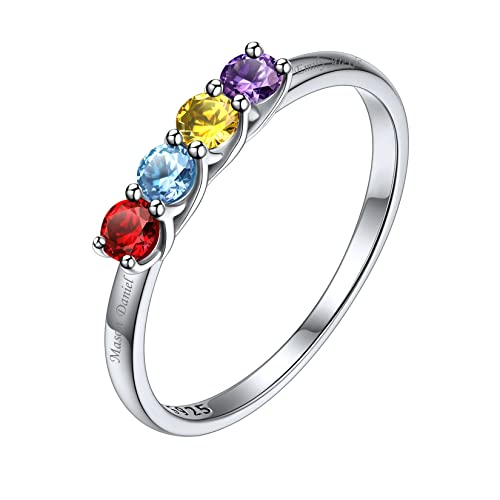 Silvora Damen Ring Personalisierter 4 Geburtsstein Ring mit 4 Namen Gravur S925 Silber Schlichter Schmaler Zirkonia Namen Fingerring in Silber Ringgröße 59（18.9） von Silvora