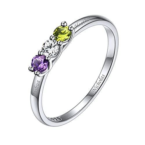 Silvora Damen Verlobungsring mit 3 Geburtsstein 3 Namen Gravur S925 Silber Schlichter Zirkon Fingerring Dünner Namen Ehering Hochzeitsring in Silber Ringgröße 54（17.3） von Silvora