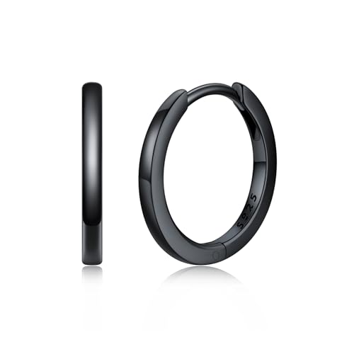 Silvora Einfache Herren Creolen Hoop 12mm klein Creolen Ohrringe Schwarz Frauen Männer 925 Silber Basic Kreolen Schwarz 12mm Klein Kreis Ohrstecker von Silvora