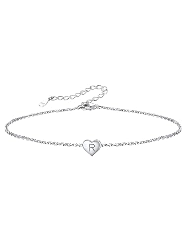 Fußkette/Armbänder mit Alphabet R Brief Fußkette/Armbänder S925 Silber Damen Fußkettchen/Armreif mit Buchstaben Herzen Initiale Armbäder 22cm+5cm für Damen Mädchen von Silvora