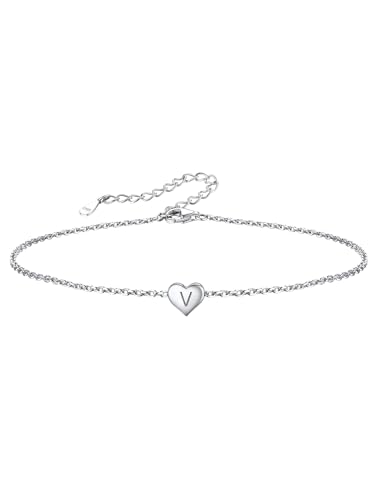 Fußkette/Armbänder mit Alphabet V Brief Fußkette/Armbändern S925 Silber Damen Armkette mit Buchstaben Herzen Initiale Anhänger 22cm+5cm für Damen Frauen von Silvora