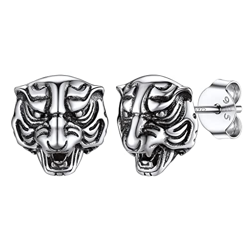 Silvora Herren Mönner Ohrringe S925 Silber Tigerkopf Ohrstecker Wikinger Damen Männer Gotik Tigerkopf Ohrringe Dreidimensionale Ohrstecker Geschenke für Weihnachten Vatertag von Silvora