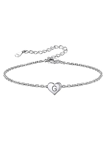 Silvora Initiale Alphabet G S925 Silber Buchstaben Alphabet Armbänd 16cm+5cm Damen Fußkettchen mit Herzen Anhänger für Frauen/Mädchen von Silvora
