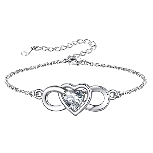 Silvora Mädchen Armband 925 Sterling Silber Infinity Armbänder für Damen Mächen Einstellbares Unendlichkeit Herz Geburtsstein Armband 16cm+5cm Zirkon Armkette für Freund Paar Mama von Silvora