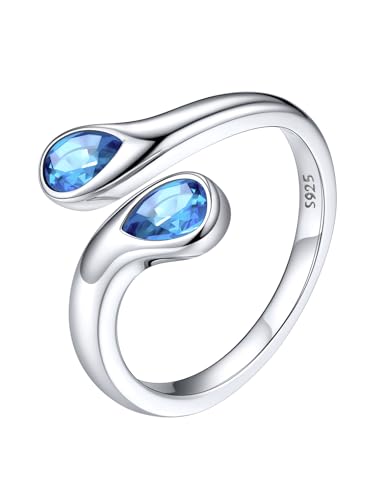 Silvora Ring Geburtsstein Silber 925 Damen Verstellbar Offenes Toi Et Moi Zirkonia Dünnes Ringe Frauen Blauer Topas Bandring Freundschaftsring Patnerring für Valentinstag Muttertag Geburtstag von Silvora