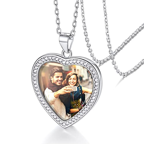 Silvora Personalisierter Foto Anhänger Halskette mit Zirkon Herzförmiger Fotobox Medaillon Halskette mit Wunsch-Gravur Name Buchstabe in Weßgold mit 56cm+5cm Kette von Silvora