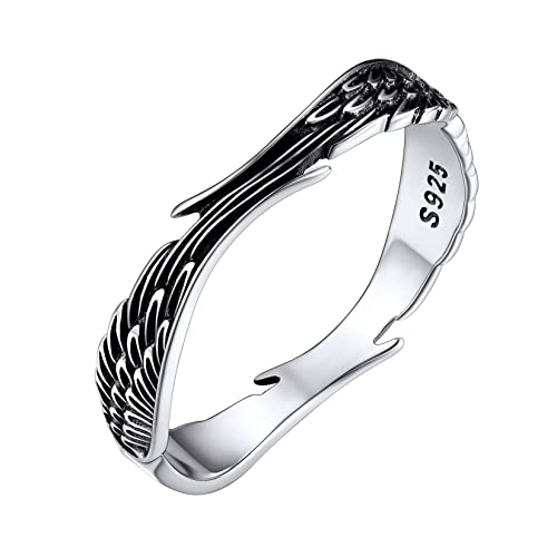 Silvora S925 Silber Engels Flügel Ring Vintage 4mm Breit Doppelflügel-Wickelring Stapelbarer Statement Feder Siegelring Anti-Allergie in Silber Ringgröße 59（18.9） Mode-Accessoires von Silvora