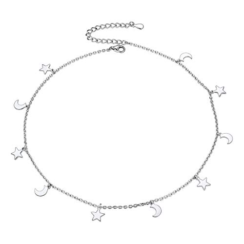 Silber Halskette Damen Anhänger Choker mit Mond und Stern Anhänger S925 Silber 33cm+5cm Verlängerkette Choker für Damen Frauen Mädchen von Silvora