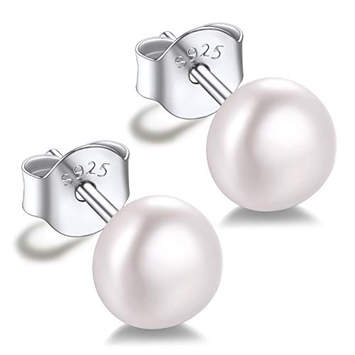 Silvora Klassische Perlen Ohrstecker 6mm Button Weiß Süßwasser Zuchtperlen für Damen S925 Silber Perlenohrstecker mit Echten Perlen von Silvora