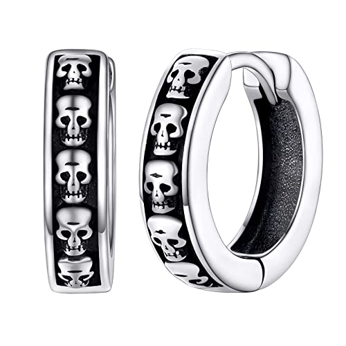 Silvora Totenkopf Ohrring Creolen S925 Silber Schädel Design Creolen Huggie Ohrstecker Unisex Punk Kleine Totenkopf Creolen Hoop Kreis für Herren Männer Junge von Silvora