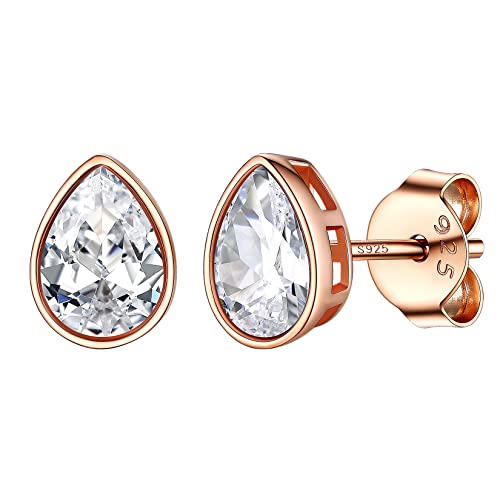 Silvora Tropfenförmige Zirkon Ohrstecker in S925 Silber für Damen Frauen Elegante Basic Solitär Zirkonia Ohrringe mit Kristallen 7 * 9mm im Facetten Design Hypoallerge Ohrstecker in Rosegold von Silvora