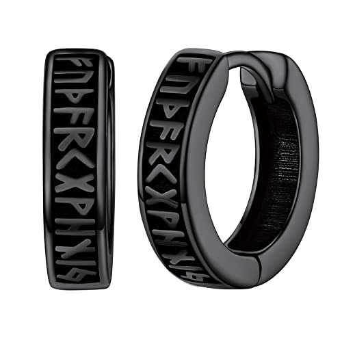 Silvora Kleine Creolen Ohrringe Herren S925 Silber Viking Rune Ohrringe Männer Schwarz Hoop Earring Kreis Hip Hop Rune Creolen Huggie Ohrstecker Klapp Kreolen Schmuck für Damen Herren von Silvora