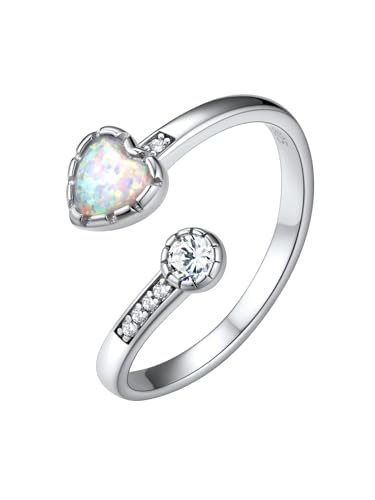 Silvora Offener Verstellbarer Ringe Damen Silber 925 Zirkonia Fingerring 2mm breit Opal Kristall Ring Stapelbarer Herz Verlobungsring Ehering Freundschaftsring Ringgröße 52 (16.5)-62 (20) von Silvora