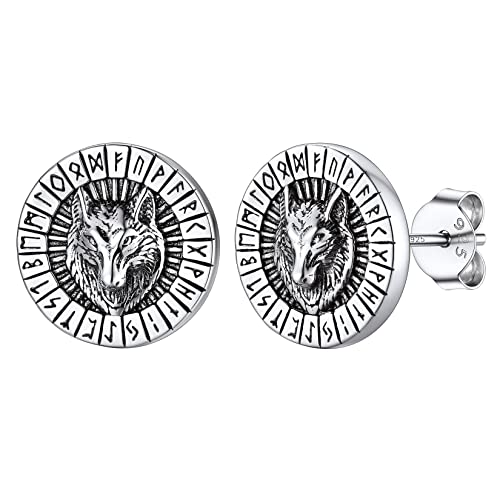 Silvora Viking Rüne Zeichen Ohrstecker aus S925 Silber Punk Herren Wolfkopf Ohrring Hip Hop Viking Rüne Zeichen Ohrschmuck für Männer Junge von Silvora