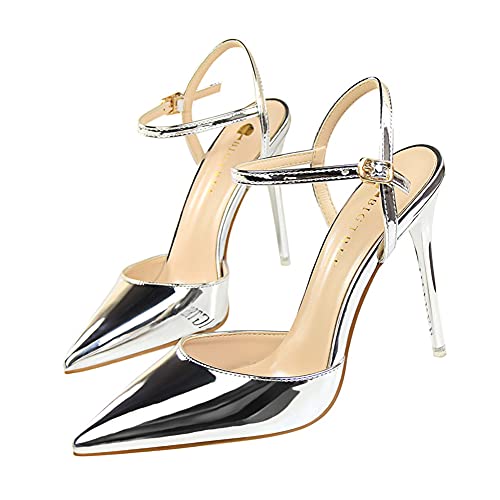 Frauen Arbeitsplätze Leben Absätze Sandalen Knöchelriemen Stiletto Lackleder High Heel Wickelzehen Geschlossene Zehen Sandalen Pumps Pumps für Party Night Club Hochzeit 10.5 cm von Sily Life