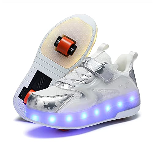 Jungen Mädchen Sneaker /Skateboard Schuhe LED Licht mit Einzelnen Doppelt Rollen,Drucktaste Einstellbare Rollen/ Licht,USB Wiederaufladbar Rollerblades Inline Skates Outdoor Sport Running Schuhe von Sily Life