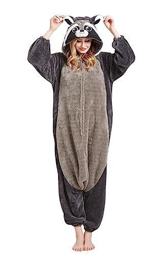 SimZoo Kigurumi Tier Onesie Unisex Erwachsene Pyjamas für Karneval Halloween Schlafanzug Party Cosplay Animal Jumpsuit,Grauer Waschbär von SimZoo