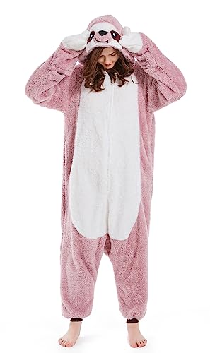 SimZoo Kigurumi Tier Onesie Unisex Erwachsene Pyjamas für Karneval Halloween Schlafanzug Party Cosplay Animal Jumpsuit,Rosa Faultier von SimZoo