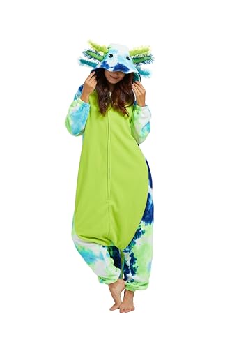 SimZoo Tier-Einteiler-Pyjama für Erwachsene, Herren- und Damenkostüm, Batik Grün Axolotl-Nachtwäsche, Einteilige Unisex-Hauskleidung von SimZoo