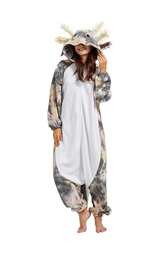 SimZoo Tier-Einteiler-Pyjama für Erwachsene, Herren- und Damenkostüm, Batik Tarnung Axolotl-Nachtwäsche, Einteilige Unisex-Hauskleidung von SimZoo