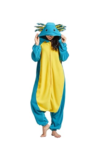 SimZoo Tier-Einteiler-Pyjama für Erwachsene, Herren- und Damenkostüm, Blau Axolotl-Nachtwäsche, Einteilige Unisex-Hauskleidung von SimZoo